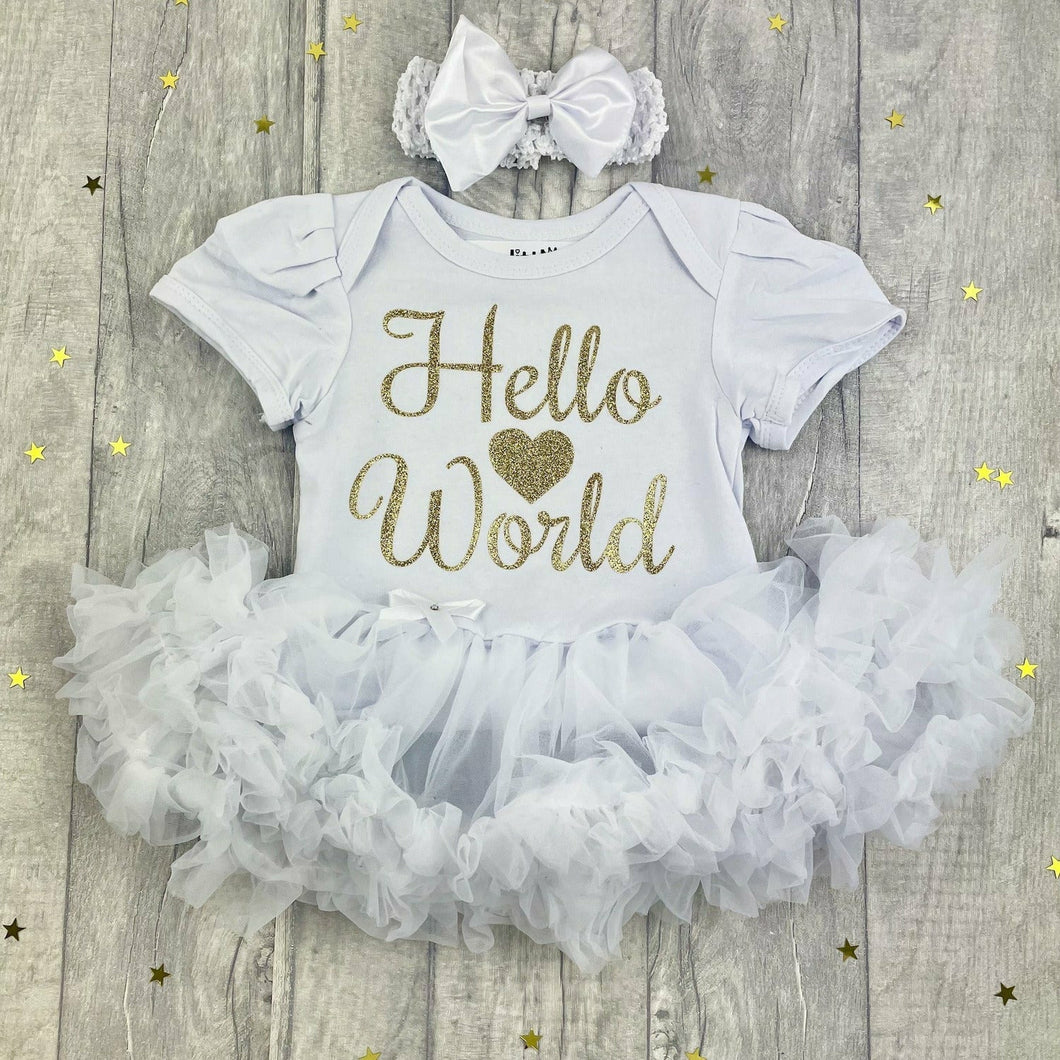 'Hello World' Baby Girl Tutu Romper With Matching Bow Headband