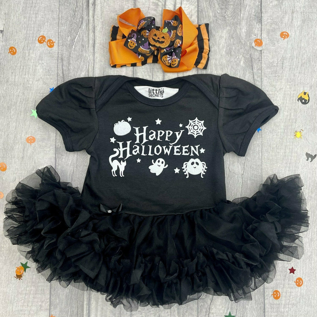 Baby Girl Happy Halloween Outfit, Black Tutu Romper with Matching Pumpkin Bow Headband