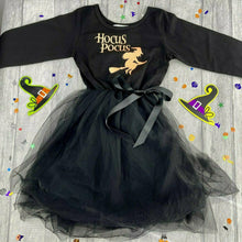 Load image into Gallery viewer, Hocus Pocus Girls Witch Dress, Halloween Long Sleeve Black Tutu Dress
