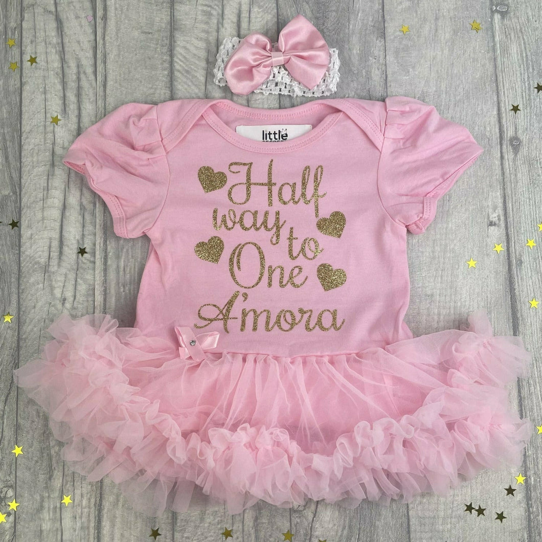 'Half Way To One' Personalised Baby Girl Birthday Tutu Romper With Matching Bow Headband, Gold Glitter design