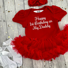 Load image into Gallery viewer, Happy 1st Birthday as my Daddy Baby Girl Red Tutu Romper and Luxury Knee High Socks
