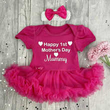 Load image into Gallery viewer, Happy 1st Mother&#39;s Day Mummy Baby Girl Tutu Romper With Headband, White Glitter Hearts Design
