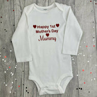 Happy 1st Mother's Day Mummy Girls or Boys White Long Sleeve Romper, Red Glitter Design