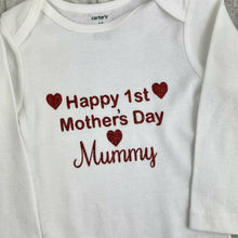Load image into Gallery viewer, Happy 1st Mother&#39;s Day Mummy Girls or Boys White Long Sleeve Romper, Red Glitter Design
