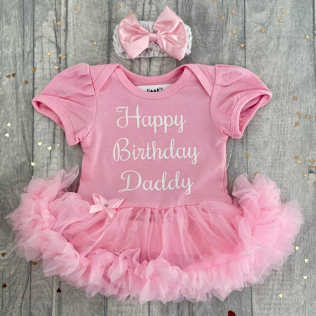 Happy Birthday Daddy Baby Girl Tutu Romper With Matching Bow Headband, White Glitter