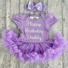 Load image into Gallery viewer, Happy Birthday Daddy Baby Girl Tutu Romper With Matching Bow Headband, White Glitter
