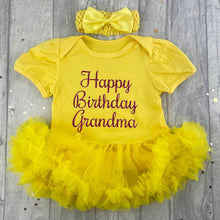 Load image into Gallery viewer, Happy Birthday Grandma Baby Girl Tutu Romper With Matching Bow Headband, Dark Pink Glitter Design - Little Secrets Clothing
