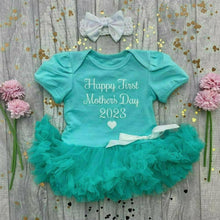 Load image into Gallery viewer, Happy First Mother&#39;s Day 2023 Baby Girl Tutu Romper With Headband, White Glitter
