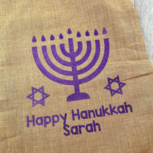 Load image into Gallery viewer, Happy Hanukkah Hessian Personalised Jewish Celebration Gift Present Sack
