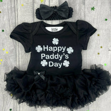 Load image into Gallery viewer, Happy Paddy&#39;s Day Baby Girl&#39;s Tutu Romper With Matching Bow Headband, St. Patrick&#39;s Day Outfit
