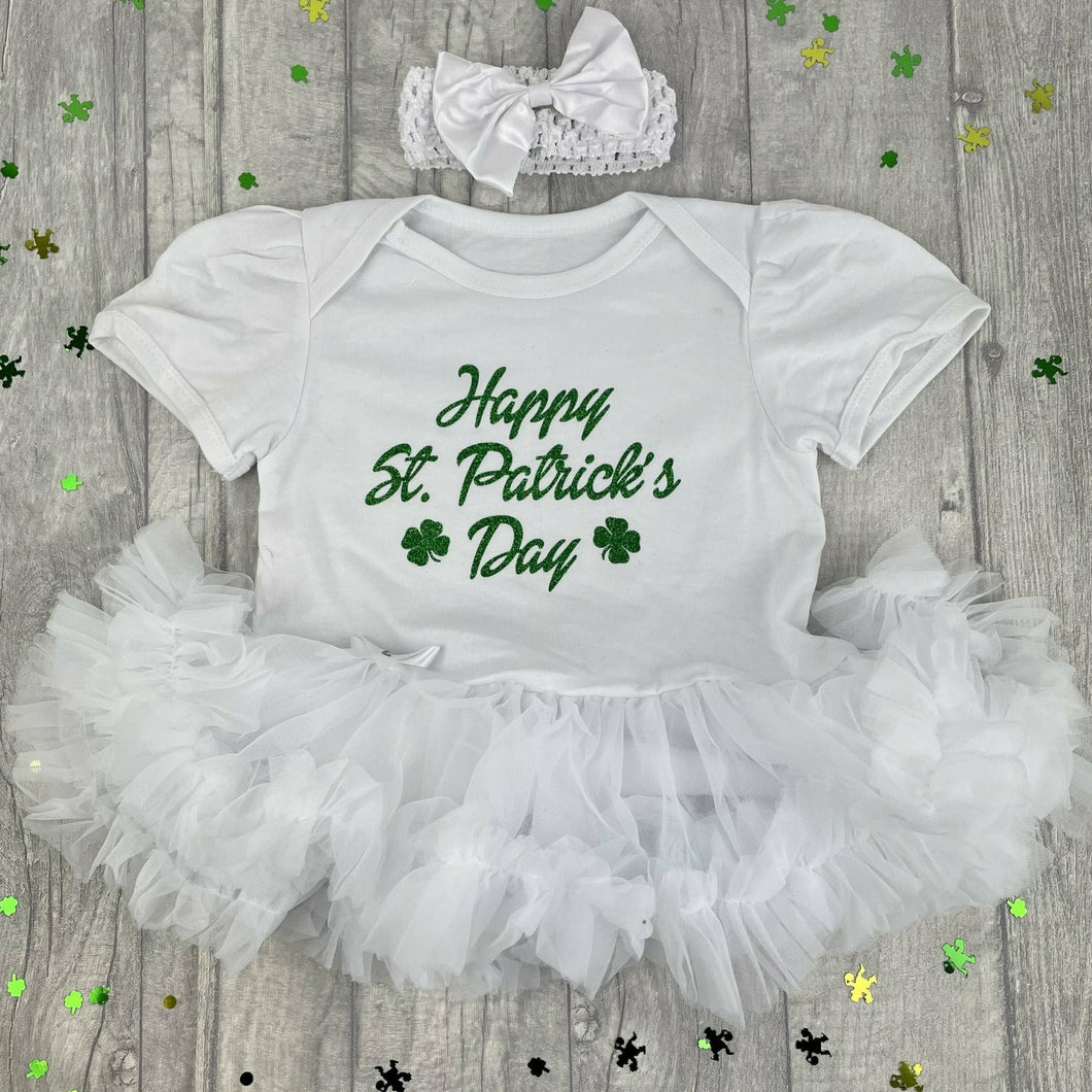 Happy St Patrick's Day Baby Girl Tutu Romper With Matching Bow Headband