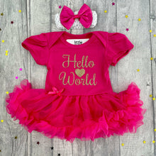 Load image into Gallery viewer, Hello World Baby Girl Tutu Romper With Matching Bow Headband
