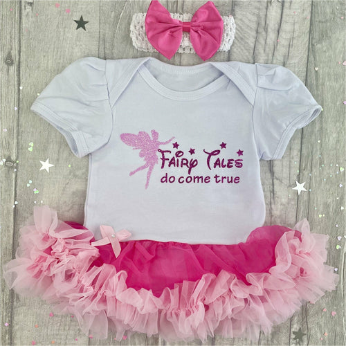 'Fairy Tales Do Come True' Baby Girl Tutu Romper With Matching Bow Headband