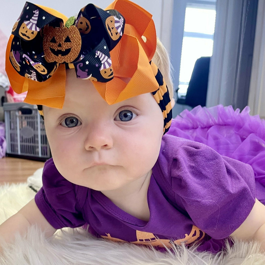 Baby Girl Newborn and Toddler Halloween Pumpkin Bow Headband, Orange, Black & Purple