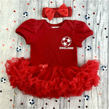 Load image into Gallery viewer, England Football Tutu Romper, red tutu featuring England football design in white. Including a matching red headband.
