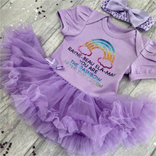 Load image into Gallery viewer, Personalised &#39;You Are The Rainbow After The Storm&#39; Baby Girl Tutu Romper With Matching Bow Headband, Rainbow Design
