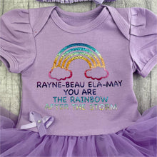 Load image into Gallery viewer, Personalised &#39;You Are The Rainbow After The Storm&#39; Baby Girl Tutu Romper With Matching Bow Headband, Rainbow Design
