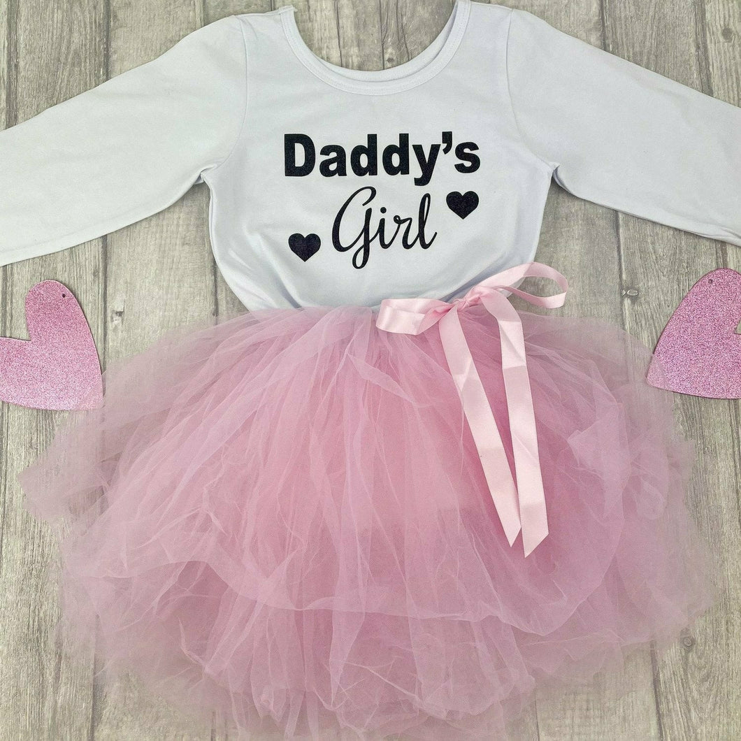 'Daddy's Girl' Father's Day White and Pink Long Sleeved Tutu Dress, With Hearts