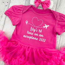 Load image into Gallery viewer, Baby Girl Personalised 1st Holiday Tutu Romper with Headband, Aeroplane Design - Little Secrets Clothing
