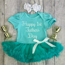 Load image into Gallery viewer, Happy 1st Father&#39;s Day Baby Girl blue Tutu Romper With Matching Bow Headband, White glitter Text design 
