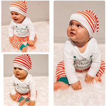 Load image into Gallery viewer, Babies Personalised First Christmas Long Sleeve White Romper Set With Pants and Hat
