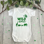 1st Birthday Wild One Short Sleeve Romper/Bodysuit, Safari Print green design