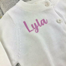 Load image into Gallery viewer, Personalised Baby Girl White Cotton Cardigan, Light Pink Glitter Text
