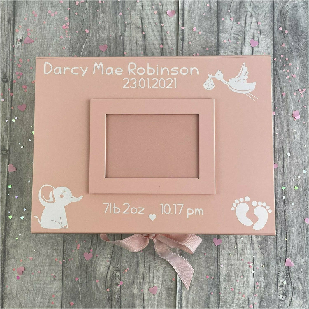 Personalised Newborn Keepsake Photo Box, Baby Details, Stork and Elephant Design A4 Size