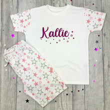 Load image into Gallery viewer, Personalised Name Pink or Blue and White Star Shorts Pyjamas, Girls Pyjamas, Boys Pjs
