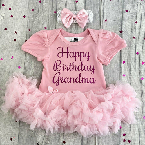 Happy Birthday Grandma Baby Girl Tutu Romper With Matching Bow Headband, Dark Pink Glitter Design - Little Secrets Clothing