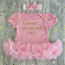 Load image into Gallery viewer, Loading... Big Sister Baby Girl Tutu Romper with Matching Bow Headband, Gold Glitter Design
