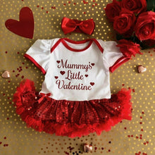 Load image into Gallery viewer, Mummy&#39;s Little Valentine Red Glitter Design, Sequin Tutu Romper With Matching Bow Headband - Little Secrets Clothing
