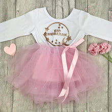 Load image into Gallery viewer, &#39;Eid Mubarak&#39; White and Pink Long Sleeved Tutu Dress, Gold Glitter Moon and Stars Circle Design
