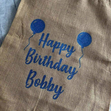 Load image into Gallery viewer, Personalised Happy Birthday Balloons Large Present Hessian Sack - Little Secrets Clothing
