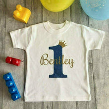Load image into Gallery viewer, Boy&#39;s Personalised Birthday T-shirt with Name, Age and Crown, White T-shirt aged 1-5 years - Little Secrets Clothing
