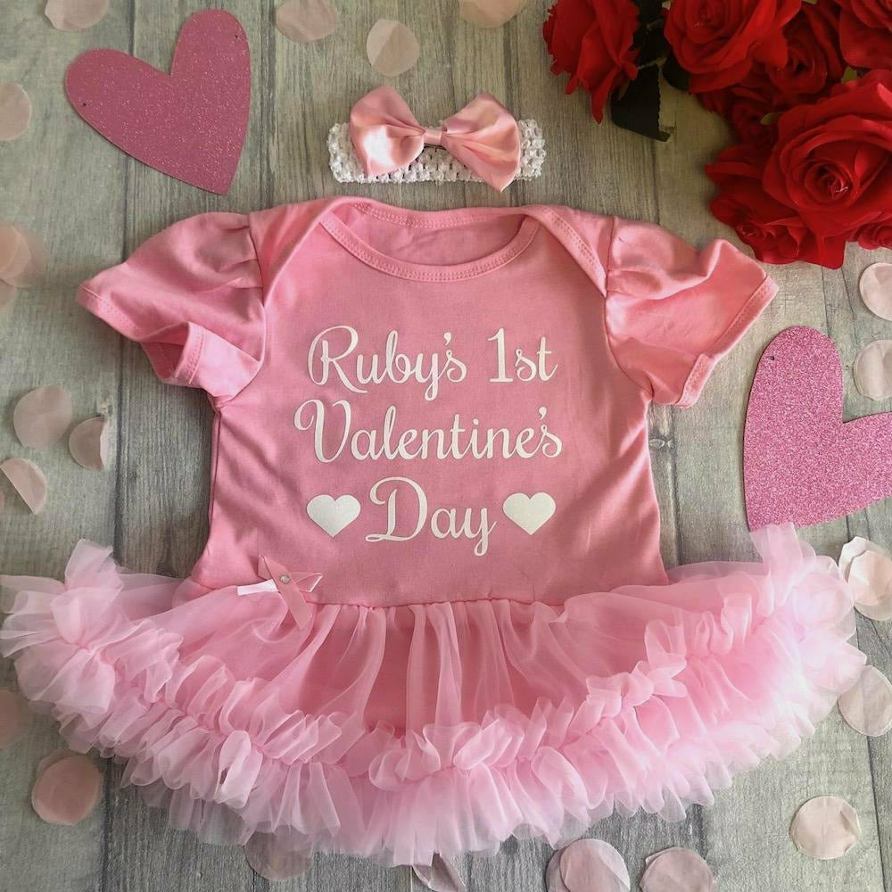 Personalised 1st Valentine's Day Baby Girl Pink Tutu Romper With Headband, White Glitter Design