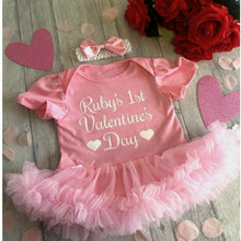 Load image into Gallery viewer, Personalised 1st Valentine&#39;s Day Baby Girl Pink Tutu Romper With Headband, White Glitter Design
