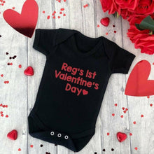 Load image into Gallery viewer, Baby personalised 1st Valentine&#39;s Day short sleeve romper white glitter text
