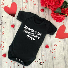 Load image into Gallery viewer, Baby personalised 1st Valentine&#39;s Day short sleeve romper white glitter text
