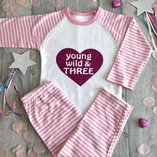 Load image into Gallery viewer, Young Wild &amp; Three heart Birthday Girls Pink and White Pyjamas - Little Secrets Clothing
