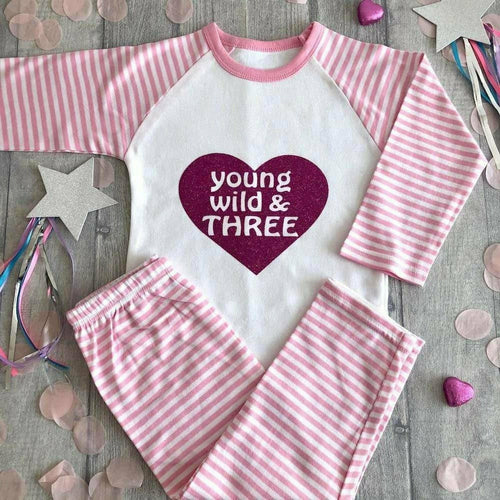 Young Wild & Three heart Birthday Girls Pink and White Pyjamas - Little Secrets Clothing