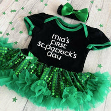 Load image into Gallery viewer, Personalised &#39;First St Patrick&#39;s Day&#39; Sequin Tutu Romper With Matching Bow Headband
