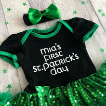 Load image into Gallery viewer, Personalised &#39;First St Patrick&#39;s Day&#39; Sequin Tutu Romper With Matching Bow Headband
