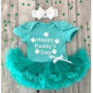Happy St Paddy's Day St. Patrick white & green tutu romper suit with matching headband