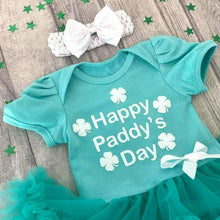 Load image into Gallery viewer, Happy St Paddy&#39;s Day St. Patrick white &amp; green tutu romper suit with matching headband
