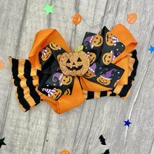 Load image into Gallery viewer, Baby Girl Newborn and Toddler Halloween Pumpkin Bow Headband, Orange, Black &amp; Purple
