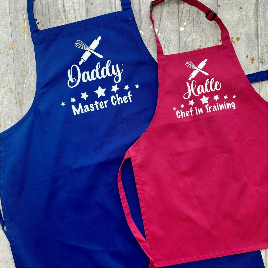 Personalised Chef Apron Set, Kids Chef in Training & Adult Master Chef Baking Cooking Aprons, Father's Day Gift