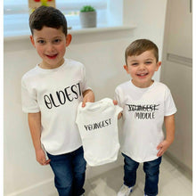 Load image into Gallery viewer, Baby Announcement Sibling T-Shirt &amp; Romper 3 Set Oldest middle and youngest. Black glitter design.

