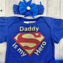 Load image into Gallery viewer, &#39;Daddy Is My Hero&#39; Superman Baby Girl Tutu Romper With Matching Bow Headband
