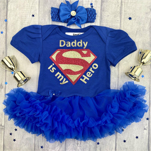 'Daddy Is My Hero' Superman Baby Girl Tutu Romper With Matching Bow Headband